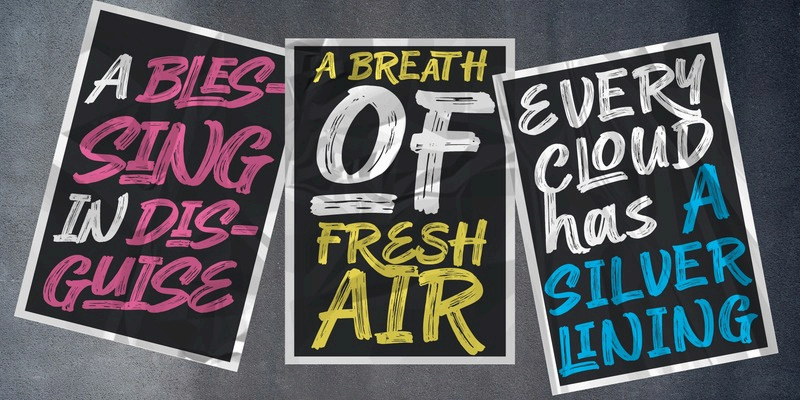图片展示了三张风格独特的海报。左侧海报以粉红、白色为主色调，写着“A BLES-SING IN DIS-GUISE”；中间海报以黑色为底，白色大字“OF”和黄色“FRESH AIR”突出；右侧海报以黑色为底，白色大字“EVERY CLOUD”和蓝色“SILVER LINING”醒目。这些海报设计色彩鲜明，文字排列富有艺术感，与上下文介绍的字由引入多家小语种字库，构建多语言字体矩阵的内容相呼应，展示了其字体设计的多样性和美感。