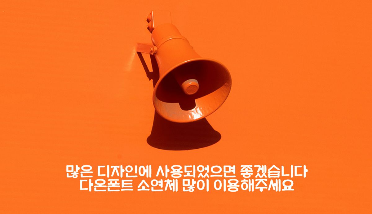 图片展示了一个橙色背景上放置的扩音器，下方有韩文文字“많은 디자인에 사용되었으면 좋겠습니다 다온폰트 소연체 많이 이용해주세요”，意为“如果能在很多设计中使用，我会很高兴，请多使用多安字体小连体”。图片与上下文紧密相关，上下文介绍了NamelaType是由字体设计师Nur Syamsi创立、总部位于印度尼西亚的独立字体设计工作室，专注为现代视觉传播打造兼具协调美感的拉丁与阿拉伯字母字体，此图可能是该字体设计工作室的宣传图或使用示例。